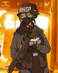  1girl ammunition_pouch assault_rifle belt_buckle black_gloves body_armor brown_hair buckle fire german_flag german_text gloves goggles gun helmet highres holding holding_weapon koalakanru mask military military_uniform mouth_mask nazi original police pouch reichsadler rifle short_hair solo swastika waffen-ss weapon 
