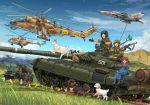  aircraft airplane akm bm-21 brown_eyes brown_hair caterpillar_tracks cloud combat_webbing dog flower gloves goggles goggles_on_head ground_vehicle hat hatch helicopter highres horse jet mi-24 mi-8 mig-21 mikeran_(mikelan) military military_uniform military_vehicle missile missile_pod motor_vehicle mountain original red_star sky smoke_grenade_launcher t-72 tank uniform 