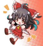  1girl ahoge ascot ben-day_dots black_hair blush brown_eyes brown_shoes chibi commentary detached_sleeves dress frilled_dress frills hair_ribbon hakurei_reimu highres japanese_clothes miko nontraditional_miko open_mouth red_dress ribbon screentones seputok0904 shoes smile touhou white_sleeves yellow_ascot 