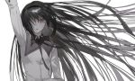  1girl akemi_homura arm_up black_hair black_neckwear collared_shirt commentary hairband highres long_hair mabelmine mahou_shoujo_madoka_magica muted_color necktie purple_eyes shiny shiny_hair shirt simple_background solo unhappy upper_body very_long_hair waving white_background white_shirt 
