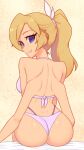 1girl absurdres ass bikini blonde_hair blue_eyes breasts closed_mouth extra_arms fang from_behind highres looking_at_viewer looking_back nelly_(xyronii) original ponytail purple_bikini sitting solo swimsuit xyronii yellow_background 