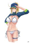  1girl absurdres ahoge artoria_pendragon_(all) aya_(user_ddya7452) bangs baseball_cap bikini blonde_hair blue_eyes blue_headwear blue_jacket blush breasts cleavage cropped_jacket fate/grand_order fate_(series) grin hair_between_eyes hair_through_headwear hat highres jacket large_breasts long_hair long_sleeves looking_at_viewer mysterious_heroine_xx_(foreigner) navel ponytail shrug_(clothing) sidelocks simple_background smile solo swimsuit thigh_strap thighs white_background white_bikini 