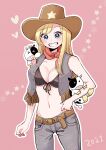  1girl 2021 bare_arms bare_shoulders belt black_bra blonde_hair bra breasts brown_belt brown_hat brown_pants brown_vest cleavage commentary_request cow cowboy_hat cowboy_shot cowgirl_(western) front-tie_bra grin hat highres long_hair looking_at_viewer medium_breasts navel open_clothes open_vest original outline pants pink_background pipikopipiko smile solo stomach underwear vest white_outline 