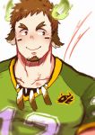  1boy absurdres animal_ears bara blush brown_hair collarbone cow_ears facial_hair forked_eyebrows gekiyasu_0621 glowing_horns goatee highres horns male_focus muscle pectorals rugby_uniform short_hair sketch solo sportswear thick_eyebrows tight tokyo_houkago_summoners upper_body wakan_tanka 