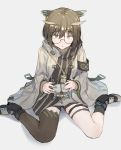  1girl arknights bangs black_footwear black_legwear brown_eyes brown_hair commentary_request eyebrows_visible_through_hair glasses grey_background grey_jacket highres jacket long_sleeves looking_at_viewer partial_commentary shoes short_hair silence_(arknights) simple_background single_thighhigh sitting solo thighhighs unu_(unucence) wariza 