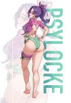  1girl absurdres ass backless_swimsuit barefoot breasts butterfly_ornament cleavage commission emmettart fantastic_four green_lips green_one-piece_swimsuit hair_ribbon highres large_breasts long_hair looking_at_viewer marvel marvel_rivals official_alternate_costume one-piece_swimsuit ponytail psylocke psylocke_(breezy_butterfly) purple_hair ribbon smile solo swimsuit x-men zoom_layer 