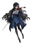  1girl ankle_ribbon arm_at_side beret black_hair black_pantyhose blue-framed_eyewear blue_bow blue_eyes blue_hat blue_jacket blue_ribbon blue_shoes blue_skirt bow bow_(music) breasts buttons chinese_commentary collared_shirt double-breasted expressionless freeze_(867139) full_body hair_between_eyes hair_bow hair_ornament hairclip hat high-waist_skirt high_heels highres holding holding_bow_(music) holding_instrument holding_violin instrument jacket layered_skirt leg_ribbon long_hair long_sleeves looking_at_viewer medium_breasts medium_skirt neck_ribbon off_shoulder open_clothes open_jacket original pantyhose parted_lips ribbon see-through_skirt_layer shirt shoes sidelocks simple_background skirt solo standing striped_clothes striped_skirt vertical-striped_clothes vertical-striped_skirt very_long_hair violin wavy_hair white_background white_shirt 