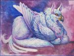 2020 abstract_background ambiguous_gender anoroth avian beak collar feathered_wings feathers feral fur gryphon hi_res loaf looking_at_viewer lying mythological_avian mythology on_front painting_(artwork) pink_collar solo traditional_media_(artwork) watercolor_(artwork) white_body white_feathers white_fur wings 