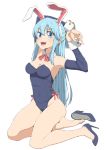  1girl alternate_costume animal_ears aqua_(konosuba) armpits arms_up bare_legs barefoot blue_eyes blue_footwear blue_leotard blush breasts bunny_ears cleavage commentary covered_navel detached_collar detached_sleeves eyebrows_visible_through_hair fake_animal_ears hair_between_eyes high_heels kono_subarashii_sekai_ni_shukufuku_wo! leotard light_blue_hair long_hair looking_at_viewer medium_breasts neck_ribbon open_mouth pink_neckwear playboy_bunny ribbon salpin shoe_removed simple_background smile solo straight_hair white_background wrist_cuffs 