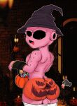 alien alien_humanoid balls big_butt blush bottomwear bottomwear_down butt clothed clothing dragon_ball dragon_ball_z femboy food fruit genitals halloween hat headgear headwear hi_res holidays humanoid kid_buu madnessdog700 majin_buu male male/male painting pants pants_down partially_clothed pink_body pink_butt pink_skin plant pumpkin pumpkin_butt short_stack size_difference smaller_male solo thick thick_thighs witch_hat