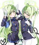  2girls blue_archive blush breasts cowboy_shot demon_girl demon_tail earrings gloves green_eyes green_halo hair_between_eyes halo highres hikari_(blue_archive) ito_(ito577) jewelry long_hair miniskirt multiple_girls nozomi_(blue_archive) open_mouth pointy_ears school_uniform short_shorts shorts siblings simple_background sisters skirt small_breasts tail thighhighs twins twintails very_long_hair white_background white_gloves white_thighhighs yellow_eyes 