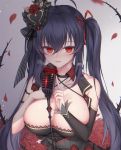  1girl azur_lane black_dress black_hair breasts character_name detached_sleeves dress eyebrows_visible_through_hair flower hair_between_eyes hair_ornament hair_ribbon hand_on_own_chest large_breasts long_hair looking_at_viewer microphone microphone_stand pong_(vndn124) red_eyes red_ribbon ribbon rose single_sleeve solo strapless strapless_dress taihou_(azur_lane) taihou_(muse)_(azur_lane) twintails upper_body very_long_hair 