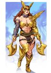  1girl abs absurdres alternate_costume angela_(marvel) armor axe bandaged_arm bandages belt bikini_armor blue_background boots braid breasts brown_hair chain eye_mask full_body gold gradient_background grey_eyes highres holding holding_weapon large_breasts leg_up lips long_hair marvel marvel_rivals mask muscular muscular_female navel official_alternate_costume rakintor serious weapon 