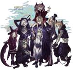  2girls 6+boys animal_ears anise_tatlin arietta_(tales) black_hair blonde_hair blue_eyes candle carrying closed_mouth cross cross_necklace dated demon_horns demon_tail dist_(tales) dress fang full_body glasses green_hair guy_cecil halloween halloween_costume hashtag-only_commentary hat highres holding holding_candle hor1_maa horns ion_(tales) jade_curtiss jewelry long_hair multiple_boys multiple_girls necklace nun open_mouth peony_ix pink_hair pointy_ears red_eyes short_hair shoulder_carry squatting standing stitched_face stitches sync_(tales) tail tales_of_(series) tales_of_the_abyss tongue tongue_out twintails vampire vampire_costume witch witch_hat wolf_ears wolf_tail 