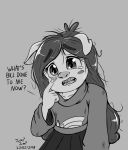  2018 alternate_species anthro blush bodily_fluids braces clothing dialogue domestic_pig english_text female grey_background hair hi_res implied_transformation itsjumpjump mabel_pines mammal messy_hair monochrome open_mouth shirt simple_background solo suid suina sus_(pig) tears text topwear 