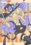  1girl animal_ear_fluff animal_ears black_hat black_jacket black_shorts blonde_hair blue_eyes broom cat_ears cat_tail frilled_jacket frilled_thighhighs frilled_tube_top frills gambier_bay_(halloween)_(kancolle) gambier_bay_(kancolle) gambier_bay_mk_ii_(kancolle) halloween_costume hat highres jack-o&#039;-lantern jack-o&#039;-lantern_hat_ornament jacket kantai_collection long_hair pot-de shirt short_shorts shorts solo strapless tail thighhighs tongue tongue_out tube_top twintails twitter_username white_shirt witch_hat 