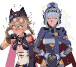  2girls ? android animal_ear_headwear animal_ears arm_at_side bare_shoulders blue_hair blush braid braided_hair_rings breasts brown_hair bvbu cape center_opening closed_eyes closed_mouth confused detached_sleeves drooling english_commentary eyewear_on_head fake_animal_ears fang genshin_impact hair_between_eyes hair_rings hand_up hat hickey highres ineffa_(genshin_impact) jahoda_(genshin_impact) joints leotard looking_to_the_side mechanical_arms messy_hair metal_skin mouth_drool multiple_girls nose_blush open_mouth own_hands_together pink-tinted_eyewear prosthesis prosthetic_arm robot robot_ears robot_girl robot_joints round_eyewear single_mechanical_arm skin_fang small_breasts smile sparkle sunglasses sweat tinted_eyewear upper_body wide-eyed x_hat_ornament yellow_eyes 