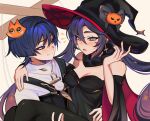  1boy 1girl absurdres alternate_costume aqua_eyes arm_around_shoulder artist_name asymmetrical_bangs bare_shoulders black_dress black_hat black_overalls black_pantyhose black_sleeves blue_hair blunt_bangs blunt_ends blush bow breasts bright_pupils cape carrying casual cat_hair_ornament cleavage closed_mouth contemporary couple detached_sleeves dress eyelashes eyeliner eyeshadow formal_clothes fur_collar genshin_impact gradient_hair grey_bow hair_between_eyes hair_ornament halloween halloween_costume hand_on_another&#039;s_shoulder hand_on_another&#039;s_thigh hat hat_bow hetero highres inverted_cross_earrings long_hair looking_at_another makeup marionette marionette_controller medium_breasts memeh mona_(genshin_impact) multicolored_hair notice_lines official_alternate_costume open_mouth orange_nails overalls pantyhose parted_bangs pink_hair princess_carry pumpkin_hat_ornament puppet purple_eyes purple_hair red_cape red_eyeliner red_eyeshadow red_hat red_sleeves scaramouche_(genshin_impact) shirt sidelocks smile star_(symbol) star_print streaked_hair tsurime turtleneck turtleneck_shirt twintails two-sided_fabric two-sided_headwear two-sided_sleeves undershirt very_long_hair wanderer_(genshin_impact) white_background white_pupils white_shirt wide_sleeves witch witch_hat 