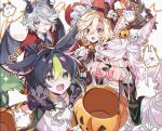  4boys absurdres alhaitham_(genshin_impact) animal_ear_fluff animal_ears ankake9yakisoba aqua_eyes basket bat_wings black_gloves black_hair black_jacket blonde_hair cyno_(genshin_impact) demon_horns demon_wings earrings food-themed_hair_ornament fox_ears genshin_impact gloves green_hair grey_hair hair_ornament hair_over_one_eye halloween halloween_costume happy_halloween hat highres holding holding_basket horns jack-o&#039;-lantern jacket jewelry kaveh_(genshin_impact) long_hair mouth_hold multicolored_hair multiple_boys open_mouth pumpkin_hair_ornament red_eyes red_hat short_hair skull_hair_ornament tighnari_(genshin_impact) vampire_costume wings witch_hat 