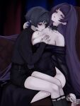  1boy 1girl absurdly_long_hair alternate_costume alternate_eye_color alternate_species ange510763 arm_at_side artist_name bare_shoulders bite_mark bite_mark_on_breast black_collar black_dress black_hair black_shirt black_shorts black_sleeves blood blood_on_breasts blunt_bangs blunt_ends breast_biting breasts cleavage collar contemporary couch cup curtains detached_collar dress earrings eyelashes fingernails formal_clothes genshin_impact glass grabbing_another's_breast grey_lips groping half-closed_eyes hand_on_another's_nape highres holding holding_cup incest indoors jewelry lace-trimmed_collar lace_trim large_breasts legs_together long_hair long_sleeves looking_at_viewer mole mole_under_eye mother_and_son off_shoulder pale_skin parted_lips purple_eyes purple_hair purple_nails raiden_shogun red_eyes scaramouche_(genshin_impact) sharp_fingernails shirt shorts side_slit sidelocks sitting sitting_on_lap sitting_on_person sway_back swept_bangs turtleneck turtleneck_shirt vampire very_long_hair white_mouth wispy_bangs 