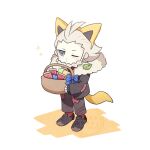  1boy animal_ears basket beard black_gloves blue_eyes candy facial_hair fake_animal_ears fingerless_gloves food fur-trimmed_hood fur_trim gloves gohan_(horth-waribasi) grey_hair hairband halloween_costume highres holding holding_basket hood jacket l_(pokemon) long_sleeves male_focus one_eye_closed pokemon pokemon_(creature) pokemon_legends:_z-a short_hair tail white_hair zygarde zygarde_cell 