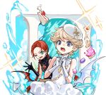  2girls ;d black_dress black_gloves blonde_hair braid braided_twintails cake cake_slice chocolat_meilleure commentary_request dress earrings food glint gloves green_eyes hat heart_pendant highres jewelry macaron multiple_girls one_eye_closed open_mouth orange_hair pointy_ears purple_eyes short_hair sleeveless sleeveless_dress smile strawberry_shortcake sugar_sugar_rune tail tiyi_(tiyi_a09) vanilla_mieux white_gloves white_hair wings 