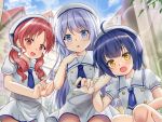  3girls :d ahoge bangs beret blue_eyes blue_hair blue_neckwear blurry blurry_background blush building chimame-tai day depth_of_field eyebrows_visible_through_hair fingernails gochuumon_wa_usagi_desu_ka? hair_ornament hair_scrunchie hand_up hat highres jouga_maya kafuu_chino kafuu_chino&#039;s_school_uniform long_hair low_twintails multiple_girls natsu_megumi necktie niiya open_mouth outdoors parted_bangs puffy_short_sleeves puffy_sleeves red_eyes red_hair sailor_collar school_uniform scrunchie shirt short_necktie short_sleeves skirt smile squatting town twintails very_long_hair white_headwear white_sailor_collar white_scrunchie white_shirt white_skirt yellow_eyes 