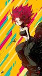  1girl amaguchi_chiyoko bandeau black_gloves black_pants breasts caulifla collarbone dragon_ball dragon_ball_super elbow_gloves gloves highres long_hair medium_breasts pants red_hair sitting sketch solo spiked_hair strapless yellow_background 