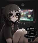  1girl arched_bangs black-framed_eyewear black_eyes black_hair black_shirt clock closed_mouth commentary cross cross_earrings cross_necklace earrings english_commentary english_text frown gary_(spongebob) glasses hair_ornament hairclip highres indoors jewelry knees_up looking_at_viewer makeup mascara medium_hair mikuneki necklace original parallel_hairclips raised_inner_eyebrows riyo_kaede_(mikuneki) runny_makeup sad semi-rimless_eyewear shirt short_sleeves solo spongebob_squarepants spongebob_squarepants_(series) talking tearing_up television under-rim_eyewear watching_television 