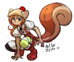  alert big_tail blitzdrachin boots brown_body brown_fur clothed clothing conditional_dnp female fluffy fluffy_tail footwear freckles fur hair hi_res legwear looking_at_viewer mammal orange_hair red_clothing red_footwear red_shoes rodent sciurid scout_clothing shoes squating stockings tail tree_squirrel 