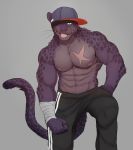  anthro bandaged_arm clothing cuson felid hat headgear headwear hi_res looking_at_viewer male mammal muscular muscular_anthro muscular_male nipples pantherine scar solo tongue tongue_out track_pants 