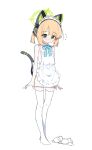  1girl animal_ear_headphones animal_ears apron blonde_hair blue_archive blue_ribbon blush bra cat_ear_headphones cat_ears cat_tail closed_mouth commentary detached_collar embarrassed fake_animal_ears flying_sweatdrops frilled_apron frills full_body green_halo halo headphones highres lmg7811 maid_apron mechanical_tail medium_hair midori_(blue_archive) midori_(maid)_(blue_archive) neck_ribbon panties panty_pull pulling_own_clothes ribbon simple_background solo standing tail thighhighs twintails underwear unworn_bra white_apron white_background white_bra white_panties white_thighhighs 