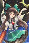  1girl arm_cannon artist_name bird_wings black_sun black_wings bow breasts cape collared_shirt commentary_request control_rod_(touhou) frilled_shirt_collar frilled_skirt frills green_bow green_skirt hair_bow hashtag-only_commentary highres long_hair looking_at_viewer maa_(forsythia1729) open_mouth puffy_sleeves red_eyes reiuji_utsuho shirt skirt smile solo sun third_eye third_eye_on_chest touhou traditional_media very_long_hair watermark weapon white_cape white_shirt wings 