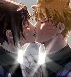  2boys adam&#039;s_apple black_hair blonde_hair closed_eyes closed_mouth commentary_request facial_mark fox_mask from_side highres holding holding_mask kiss male_focus mask mi73suki multiple_boys naruto_(series) naruto_shippuuden profile spiked_hair uchiha_sasuke unworn_mask upper_body uzumaki_naruto wet whisker_markings white_mask yaoi 