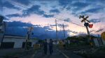  2boys absurdres banakotakemaru cloud cloudy_sky commentary_request dusk highres house multiple_boys original outdoors power_lines railroad_crossing road sky street walking wide_shot 