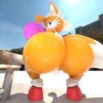adri164 anthro balls big_butt bodily_fluids bottomless bottomless_male bubble_butt bubble_gum butt butt_focus canid canine casual_exposure clothed clothing curvy_figure fox genitals hi_res huge_butt looking_at_viewer looking_back looking_back_at_viewer male mammal miles_prower rear_view saggy_balls sega small_balls solo sonic_the_hedgehog_(series) sweat sweaty_butt sweaty_genitalia sweaty_legs sweaty_thighs text thick_thighs twerking wide_hips