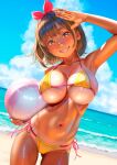  1girl arm_up ball beach beachball bikini blue_sky bow breasts brown_eyes brown_hair cleavage cloud collarbone commentary_request day grin hair_bow highres holding holding_ball holding_beachball horizon large_breasts looking_at_viewer navel ocean original outdoors red_bow short_hair sidelocks sky smile solo standing swimsuit tan tanlines teeth underboob uzuki_mei yellow_bikini 