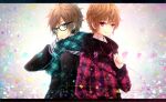  2boys akatsuki_arrival_(vocaloid) amatsuki_(utaite) bad_id bad_pixiv_id black_jacket blue_eyes blue_scarf brown_hair closed_mouth earphones glasses hand_up indie_utaite jacket konayuki letterboxed looking_at_viewer male_focus multiple_boys pink_eyes pink_jacket pink_scarf plaid_clothes plaid_scarf scarf shounent smile upper_body 