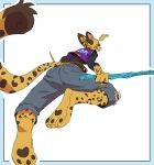 3_toes action_pose anthro arnis belt bottomwear clothing denim denim_bottomwear denim_clothing digital_drawing_(artwork) digital_media_(artwork) feet felid feline female fur head_tuft holding_object holding_weapon jeans jersey long_sleeves long_tail low-angle_view mammal markings pants pawpads pepper_(ruffu) pose rear_view ruffu shirt simple_background solo spots spotted_body spotted_fur striped_markings stripes tail text toes topwear torn_bottomwear torn_clothing torn_jeans torn_pants tuft weapon