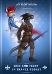  ! 2018 anthro belt_pouch blue_eyes canid canine clothing duo english_text eyebrows fish fleur_de_lis fox french_flag fur gun hair hat headgear headwear hi_res male mammal marine military military_boots military_cap military_clothing military_pants military_uniform orange_hair pimpartist pink_nose poster ranged_weapon rifle shark standing stars_and_stripes text traditional_media_(artwork) uniform united_states_of_america weapon white_body white_fur yellow_eyes 