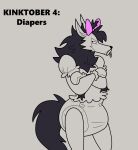 abdl anthro bondage_gear bondage_gloves bow_ribbon canid canine canis clothing diaper handwear hi_res male mammal object_in_mouth pacifier pacifier_in_mouth rush_eloc_(rusheloc) rusheloc solo wolf