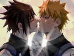  2boys black_hair blonde_hair facial_mark fox_mask highres holding holding_mask imminent_kiss male_focus mask mi73suki multiple_boys naruto_(series) naruto_shippuuden parted_lips profile smile teeth uchiha_sasuke unworn_mask upper_body uzumaki_naruto whisker_markings yaoi 