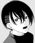  1boy absurdres chainsaw_man commentary_request crying gakuran greyscale hair_between_eyes hair_ornament hairpin higashiyama_nobana highres koma_neko mole mole_under_eye monochrome multiple_girls open_mouth portrait school_uniform solo sweat tears 