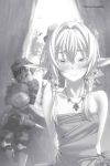  1boy 1girl arms_behind_back artist_name bangs blurry blurry_background blush breasts closed_mouth collarbone crossed_arms dress flower goblin_slayer goblin_slayer! greyscale hair_between_eyes hair_flower hair_ornament half-closed_eyes helmet high_elf_archer_(goblin_slayer!) highres indoors jewelry kannatsuki_noboru looking_at_viewer monochrome necklace novel_illustration official_art pointy_ears shield short_hair_with_long_locks sidelocks sleeveless sleeveless_dress small_breasts smile strapless strapless_dress 