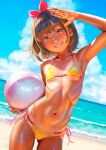  1girl arm_up ball beach beachball bikini blue_sky bow breasts brown_eyes brown_hair cloud collarbone commentary_request day flat_chest grin hair_bow highres holding holding_ball holding_beachball horizon looking_at_viewer navel ocean original outdoors red_bow short_hair sidelocks sky small_breasts smile solo standing swimsuit tan tanlines teeth uzuki_mei yellow_bikini 