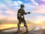 4:3 anthro back_muscles better_version_at_source butt canid canine canis clothing desert ear_piercing female footwear hi_res male mammal muscular muscular_anthro muscular_legs muscular_male muscular_thighs piercing rizzyofen road shoes sneakers solo thick_thighs wolf 