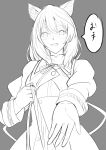  1girl absurdres animal_ears assault_lily commentary_request cropped_jacket dog_ears dog_girl grey_background greyscale hair_between_eyes hands_up hata_matsuri high-waist_skirt highres holding holding_leash juliet_sleeves kemonomimi_mode leash long_sleeves looking_at_viewer medium_hair monochrome neck_ribbon open_mouth pov puffy_sleeves reaching reaching_towards_viewer ribbon school_uniform senri_(senri03151221) shaded_face shirt simple_background skirt smile solo speech_bubble teeth translated upper_body upper_teeth_only viewer_on_leash yurigaoka_girls_academy_school_uniform 