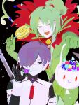  2boys :d all-around_helper alternate_costume basket black_gloves black_shirt brooch candy confetti e.g.o_(project_moon) food fur_collar gloves green_gloves green_hair green_jacket grinder_mk4_(e.g.o) hair_bun hair_over_one_eye highres holding holding_basket holding_candy holding_food holding_lollipop jacket jewelry library_of_ruina lollipop looking_at_viewer male_focus multiple_boys netzach_(project_moon) no_lineart pleasure_(e.g.o) project_moon purple_hair shirt sidelocks smile ukespecialist vest white_vest yellow_eyes yesod_(project_moon) 