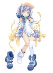  1girl absurdres ass_visible_through_thighs blue_boots blue_eyes blue_hair boots detached_sleeves full_body highres loose_thighhigh moetan nijihara_ink one-piece_swimsuit pastel_ink pop_(electromagneticwave) school_swimsuit short_hair showgirl_skirt single_boot smile solo swimsuit thigh_gap thighhighs thighs two_side_up visor_cap white_one-piece_swimsuit white_sleeves white_thighhighs 