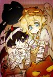  2boys angel angel_wings antenna_hair bandaged_arm bandages basil_(faraway)_(omori) basil_(omori) basket black_eyes black_hair blonde_hair blood blue_eyes blush blush_stickers candy cat closed_mouth double-parted_bangs fake_wings food hair_between_eyes halloween_costume highres holding holding_basket jack-o&#039;-lantern looking_at_viewer luoqiloveguangyu male_focus mewo multiple_boys mummy_costume omori open_mouth ringed_eyes short_sleeves sidelocks single_blush_sticker smile sunny_(omori) wings 